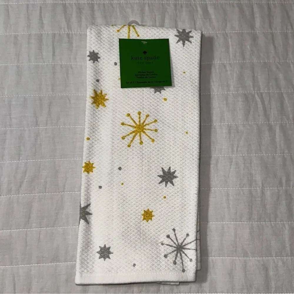 kate spade Christmas Star White Gold Silver Gray Cotton Kitchen 2 Towel Set